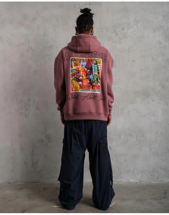 Erkek 3 İplik Pamuklu Kapüşonlu Baskılı Cepli Sweatshirt Hoodie - Gül Kurusu