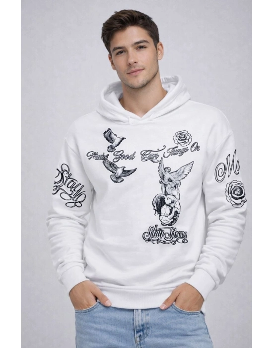 Erkek 3 İplik Pamuklu Kapüşonlu Baskılı SweatShirt hoodie - Beyaz