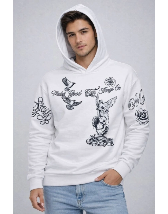 Erkek 3 İplik Pamuklu Kapüşonlu Baskılı SweatShirt hoodie - Beyaz