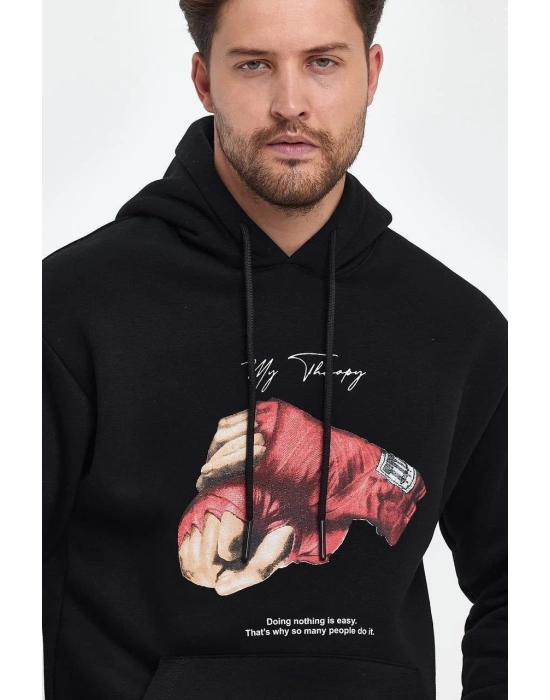 Erkek 3 İplik Pamuklu Kapüşonlu Cepli Boxy Eldiven Baskılı Hoodie Sweatshirt - Siyah