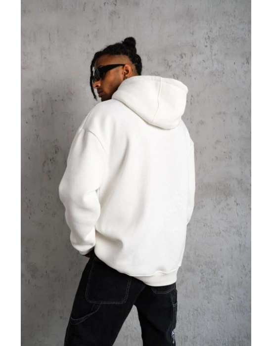 Erkek 3 İplik Pamuklu Kapüşonlu Cepli Düz Oversize Hoodie Sweatshirt - Beyaz