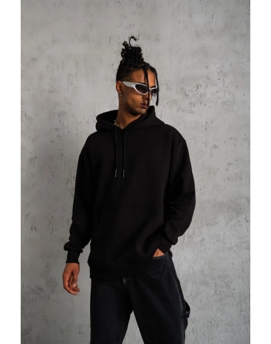 Erkek 3 İplik Pamuklu Kapüşonlu Cepli Düz Oversize Hoodie Sweatshirt - Siyah