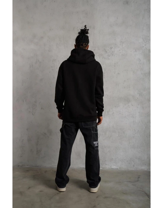 Erkek 3 İplik Pamuklu Kapüşonlu Cepli Düz Oversize Hoodie Sweatshirt - Siyah