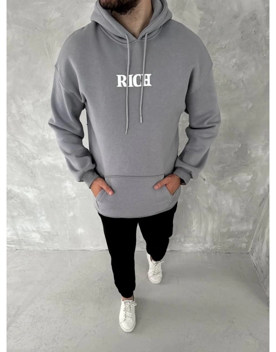 Erkek 3 İplik Pamuklu Kapüşonlu Kanguru Cepli Baskılı Oversize Hoodie Sweatshirt - Gri