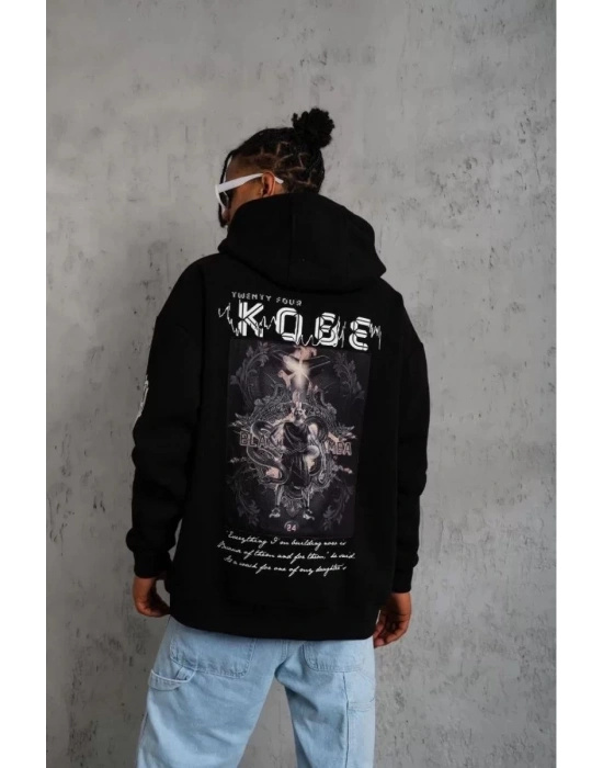 Erkek 3 İplik Pamuklu Kapüşonlu Kanguru Cepli Baskılı Oversize Hoodie Sweatshirt - Siyah