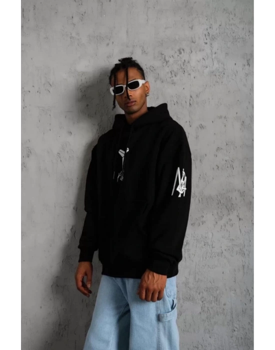 Erkek 3 İplik Pamuklu Kapüşonlu Kanguru Cepli Baskılı Oversize Hoodie Sweatshirt - Siyah