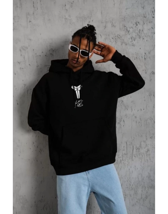 Erkek 3 İplik Pamuklu Kapüşonlu Kanguru Cepli Baskılı Oversize Hoodie Sweatshirt - Siyah