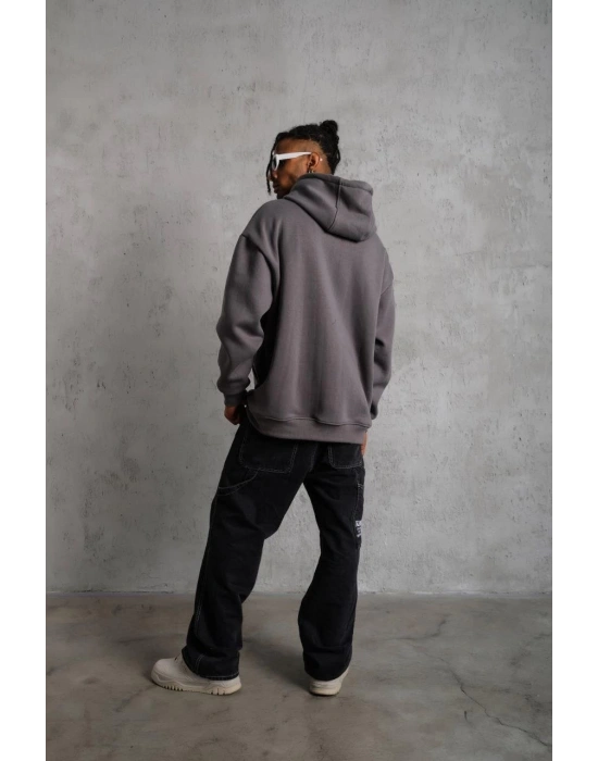 Erkek 3 İplik Pamuklu Kapüşonlu Kanguru Cepli Sweatshirt Hoodie - Gri