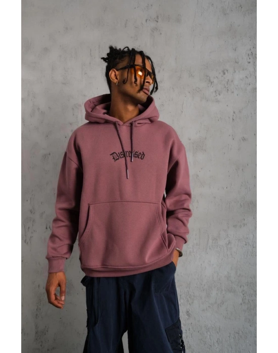 Erkek 3 İplik Pamuklu Kapüşonlu Kanguru Cepli Sweatshirt Hoodie - Gül Kurusu