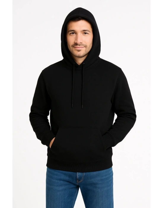 Erkek 3 İplik Pamuklu Kapüşonlu Kanguru Cepli SweatShirt hoodie - Siyah