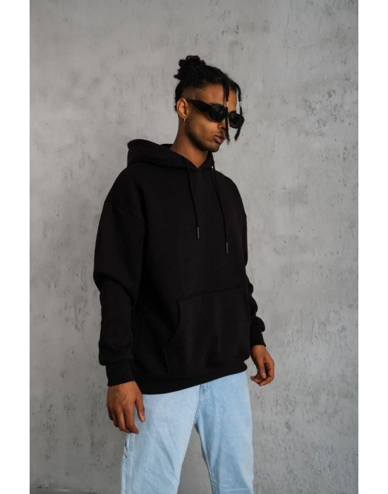 Erkek 3 İplik Pamuklu Kapüşonlu Kanguru Cepli Sweatshirt Hoodie -  Siyah