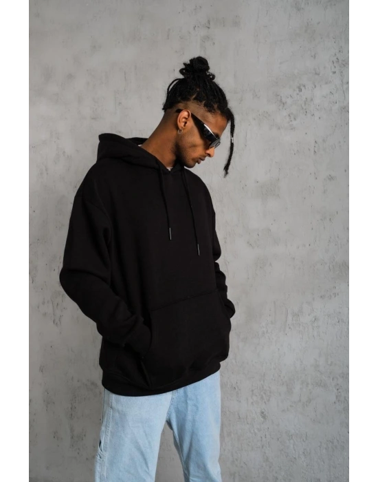Erkek 3 İplik Pamuklu Kapüşonlu Kanguru Cepli Sweatshirt Hoodie -  Siyah