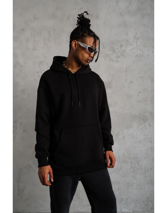 Erkek 3 İplik Pamuklu Kapüşonlu Kanguru Cepli Sweatshirt Hoodie -  Siyah