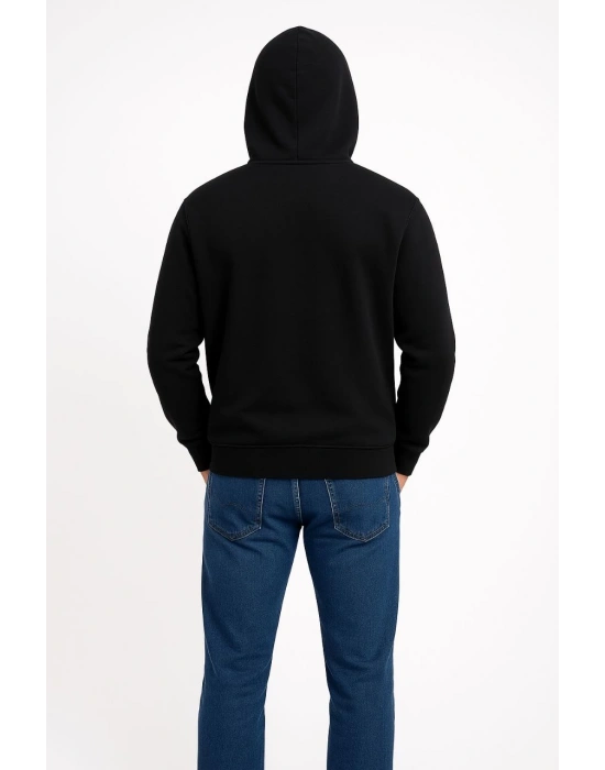 Erkek 3 İplik Pamuklu Kapüşonlu Kanguru Cepli SweatShirt hoodie - Siyah
