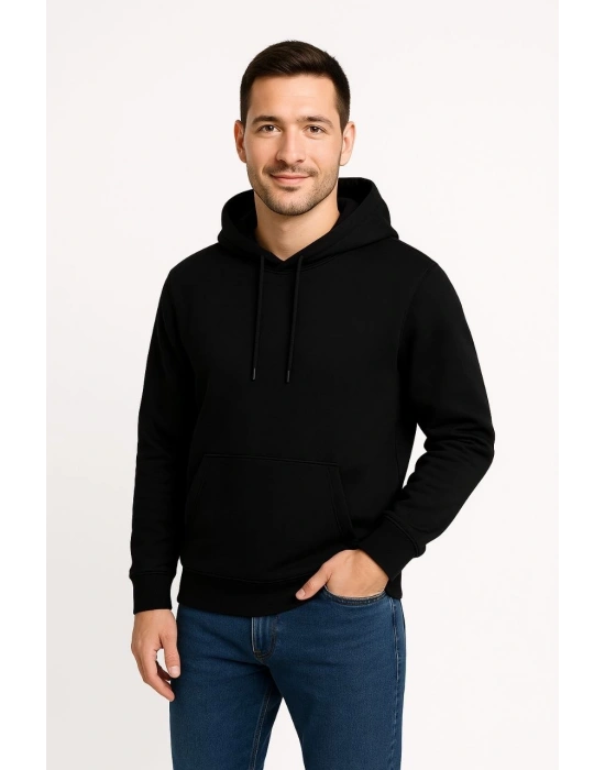 Erkek 3 İplik Pamuklu Kapüşonlu Kanguru Cepli SweatShirt hoodie - Siyah