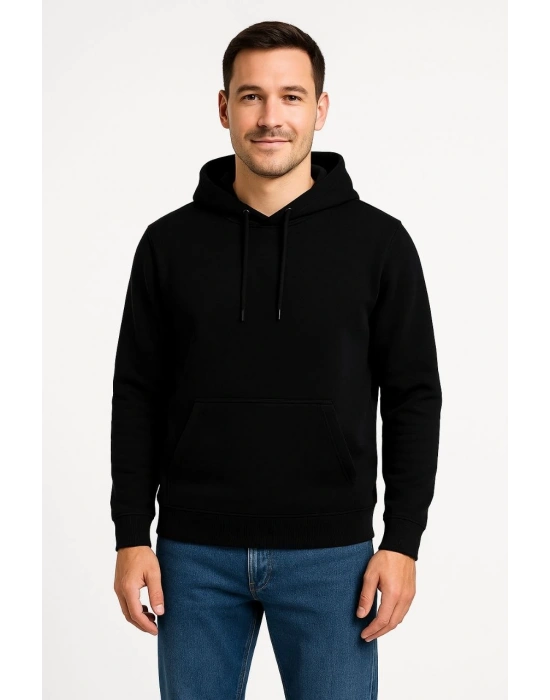 Erkek 3 İplik Pamuklu Kapüşonlu Kanguru Cepli SweatShirt hoodie - Siyah