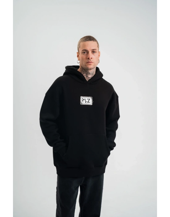 ERKEK 3 İplik Pamuklu Kapüşonlu Patchli Nakışlı Hoodie SweatShirt - Siyah