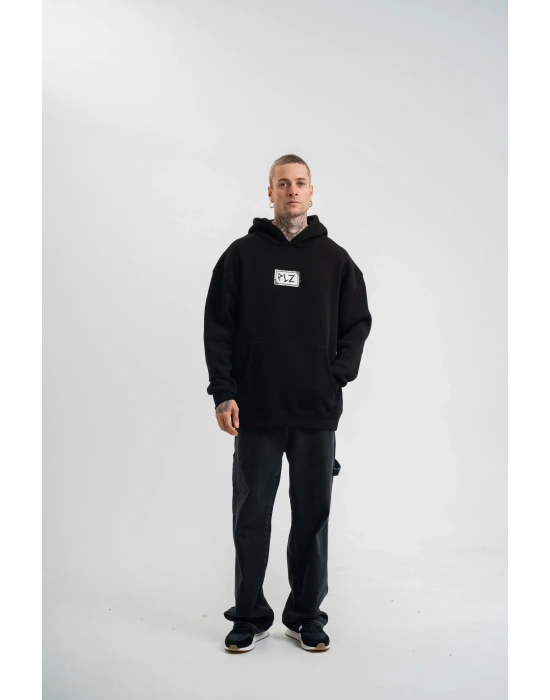 ERKEK 3 İplik Pamuklu Kapüşonlu Patchli Nakışlı Hoodie SweatShirt - Siyah
