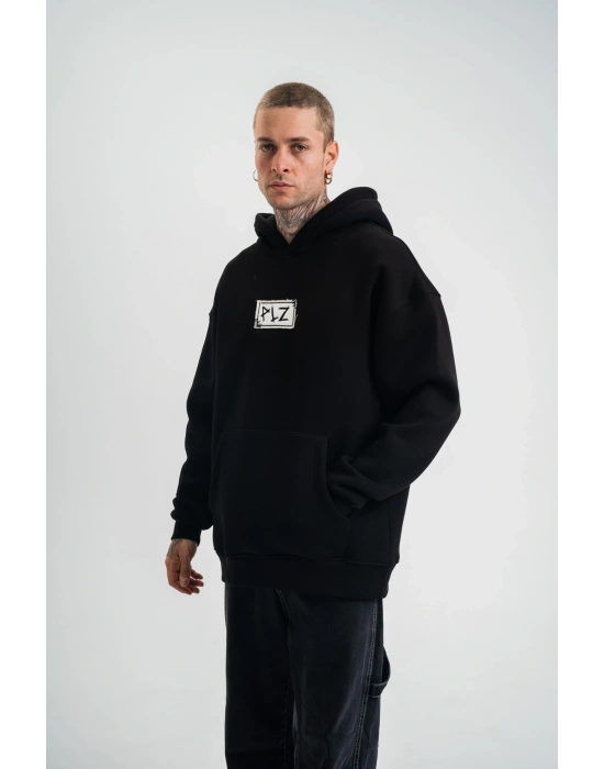 ERKEK 3 İplik Pamuklu Kapüşonlu Patchli Nakışlı Hoodie SweatShirt - Siyah