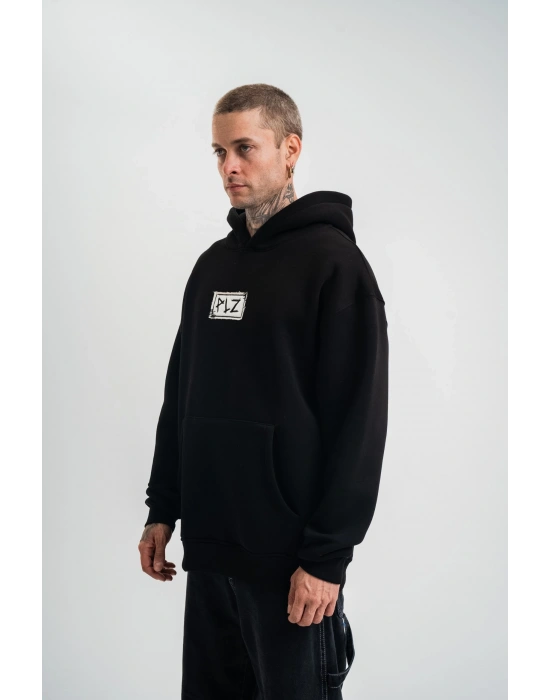 ERKEK 3 İplik Pamuklu Kapüşonlu Patchli Nakışlı Hoodie SweatShirt - Siyah