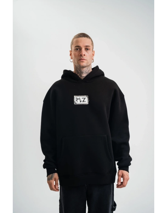 ERKEK 3 İplik Pamuklu Kapüşonlu Patchli Nakışlı Hoodie SweatShirt - Siyah