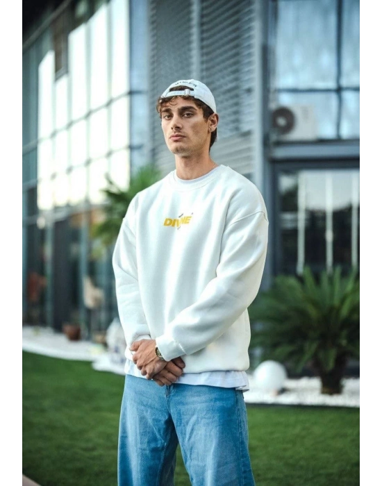 Erkek 3 iplik pamuklu Kışlık Bisiklet Yaka Baskılı SweatShirt - Beyaz