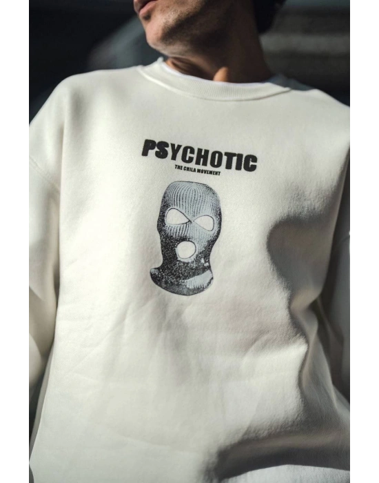 Erkek 3 iplik pamuklu Kışlık Bisiklet Yaka Baskılı SweatShirt - Beyaz