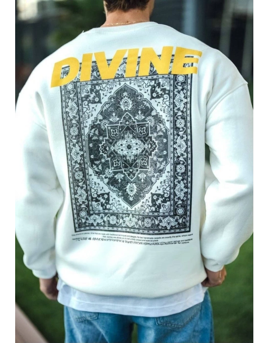 Erkek 3 iplik pamuklu Kışlık Bisiklet Yaka Baskılı SweatShirt - Beyaz