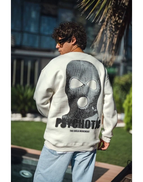 Erkek 3 iplik pamuklu Kışlık Bisiklet Yaka Baskılı SweatShirt - Beyaz