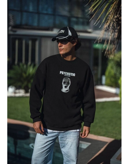 Erkek 3 iplik pamuklu Kışlık Bisiklet Yaka Baskılı SweatShirt - Siyah