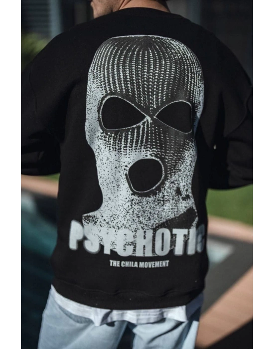 Erkek 3 iplik pamuklu Kışlık Bisiklet Yaka Baskılı SweatShirt - Siyah