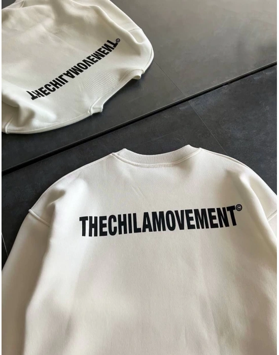 Erkek 3 iplik pamuklu Kışlık Bisiklet Yaka Oversize Baskılı SweatShirt - Beyaz