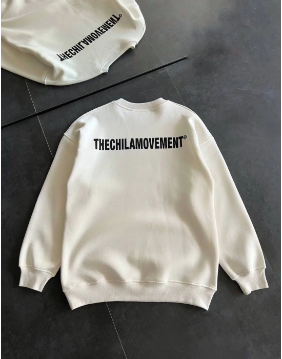 Erkek 3 iplik pamuklu Kışlık Bisiklet Yaka Oversize Baskılı SweatShirt - Beyaz