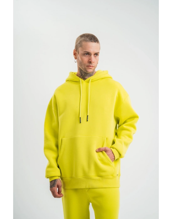 ERKEK 3 İplik Pamuklu Oversize Kapşonlu SweatShirt Hoodie - Sarı