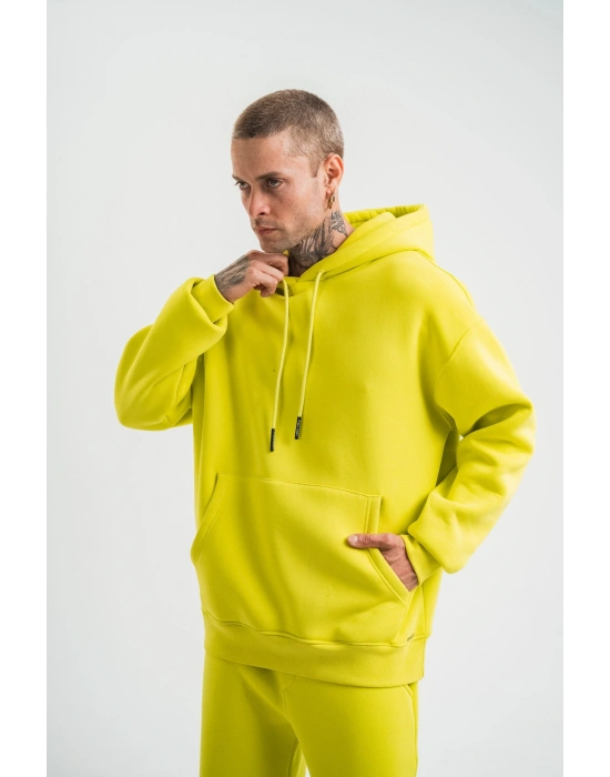 ERKEK 3 İplik Pamuklu Oversize Kapşonlu SweatShirt Hoodie - Sarı
