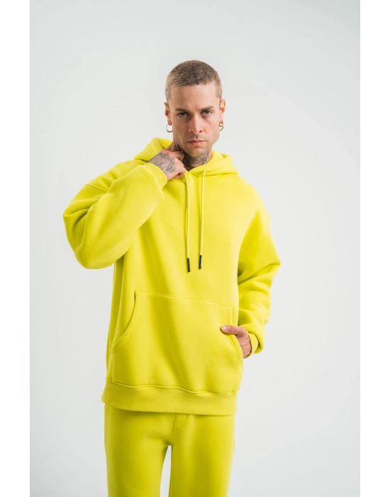 ERKEK 3 İplik Pamuklu Oversize Kapşonlu SweatShirt Hoodie - Sarı