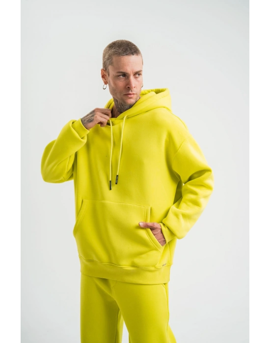 ERKEK 3 İplik Pamuklu Oversize Kapşonlu SweatShirt Hoodie - Sarı