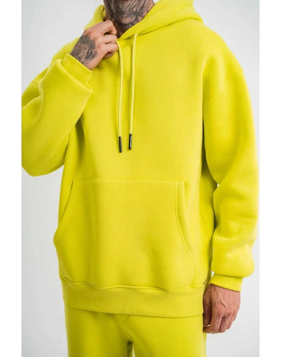 ERKEK 3 İplik Pamuklu Oversize Kapşonlu SweatShirt Hoodie - Sarı