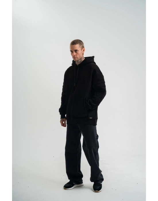 Erkek 3 İplik Pamuklu Oversize Kapüşonlu Nakışlı Hoodie SweatShirt - Siyah