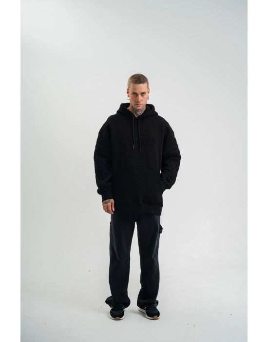 Erkek 3 İplik Pamuklu Oversize Kapüşonlu Nakışlı Hoodie SweatShirt - Siyah