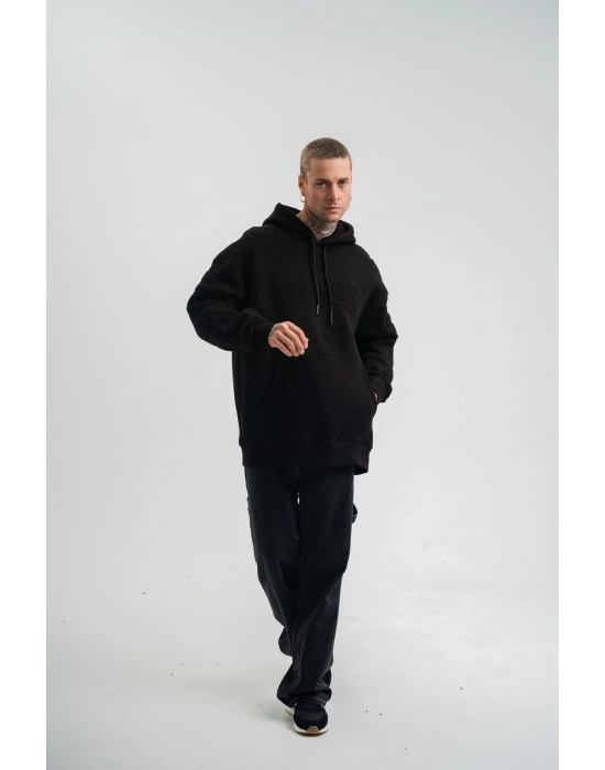 Erkek 3 İplik Pamuklu Oversize Kapüşonlu Nakışlı Hoodie SweatShirt - Siyah