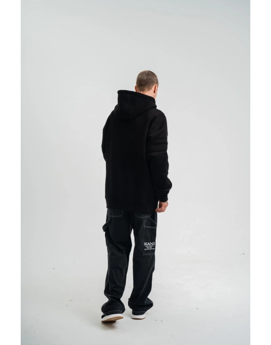 Erkek 3 İplik Pamuklu Oversize Kapüşonlu Nakışlı Hoodie SweatShirt - Siyah