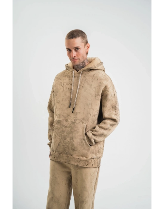 ERKEK 3 iplik Pamuklu Oversize Kapüşonlu Yıkamalı Hoodie SweatShirt - Bej