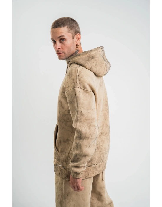 ERKEK 3 iplik Pamuklu Oversize Kapüşonlu Yıkamalı Hoodie SweatShirt - Bej
