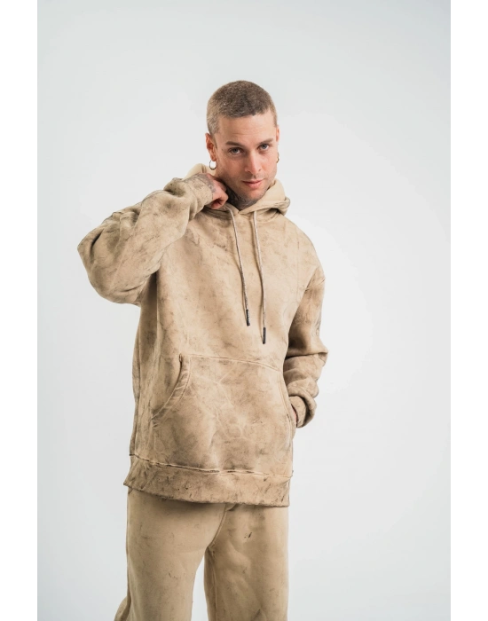ERKEK 3 iplik Pamuklu Oversize Kapüşonlu Yıkamalı Hoodie SweatShirt - Bej