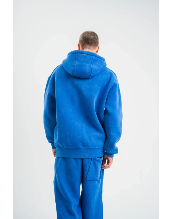 ERKEK 3 İplik Pamuklu Oversize Kapüşonlu Yıkamalı Hoodie SweatShirt - Mavi