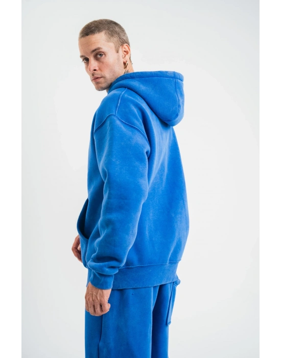 ERKEK 3 İplik Pamuklu Oversize Kapüşonlu Yıkamalı Hoodie SweatShirt - Mavi