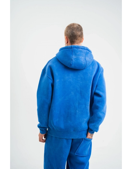 ERKEK 3 İplik Pamuklu Oversize Kapüşonlu Yıkamalı Hoodie SweatShirt - Mavi