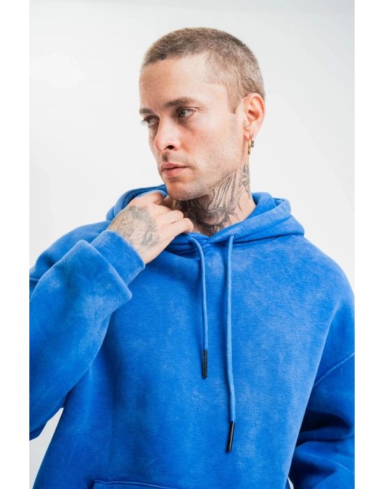 ERKEK 3 İplik Pamuklu Oversize Kapüşonlu Yıkamalı Hoodie SweatShirt - Mavi