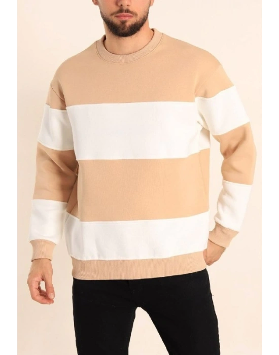 Erkek 3 iplik pamuklu Parçalı Bisiklet Yaka SweatShirt - Bej